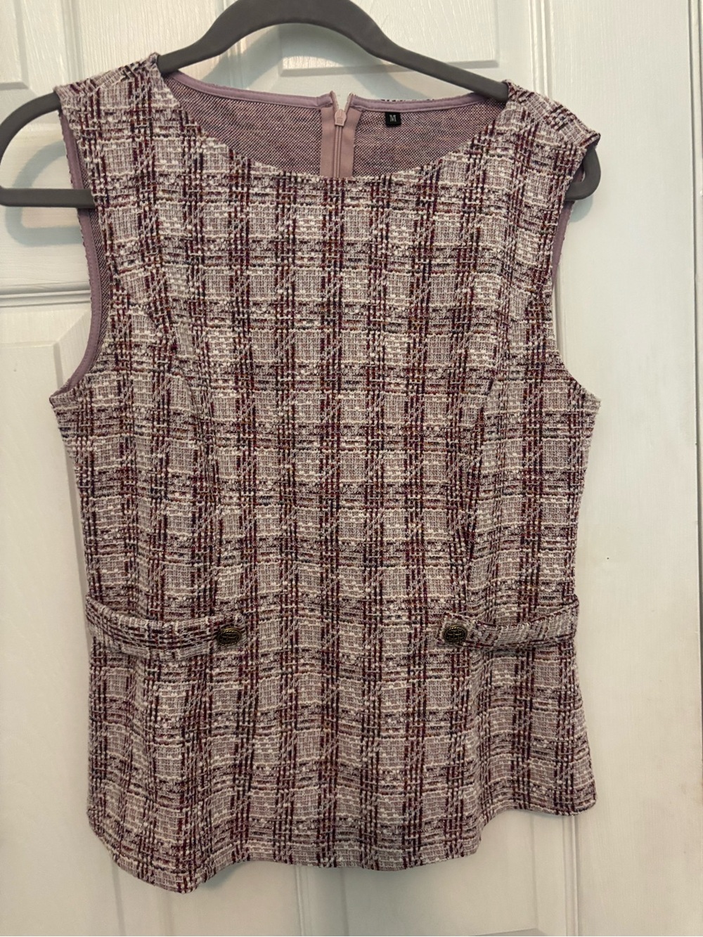Sleeveless Tweed Plaid Top in Mauve and Cream